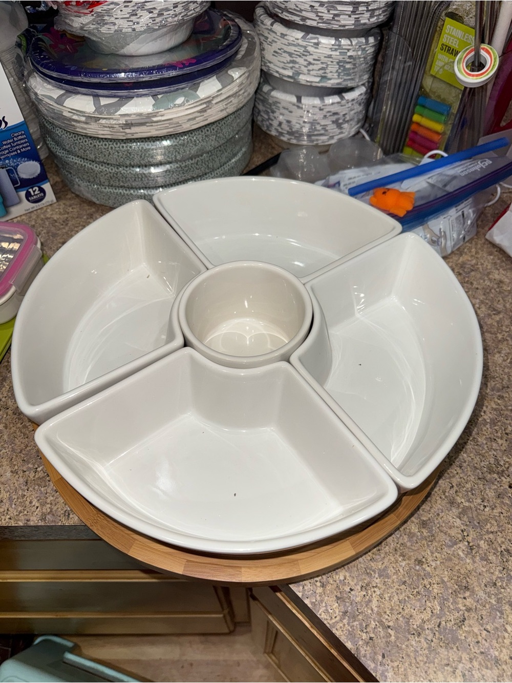 White Ceramic 5-Piece Serving Platter with Bamboo Base